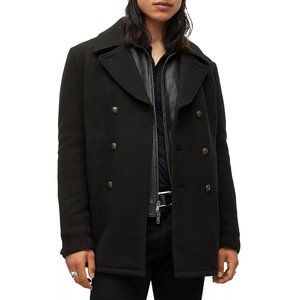 John Varvatos Collection Men's Carlos Wool Button Peacoat Heavy Overcoat Black